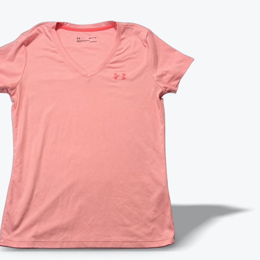 Under Armour  Short Sleeve Athletic Tee Heat Gear Womens Small Pink‎ V-Neck